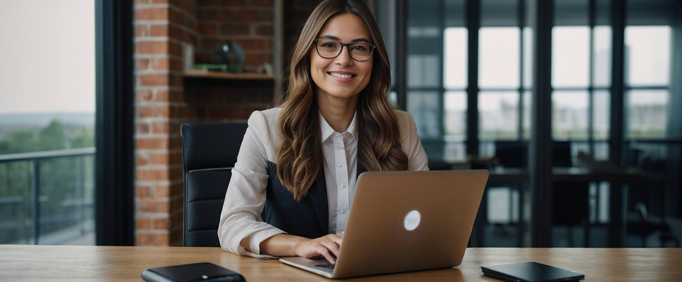 AI-genererad bild på en leende kvinna som sitter framför en bärbar dator.