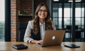 AI-genererad bild på en leende kvinna som sitter framför en bärbar dator.