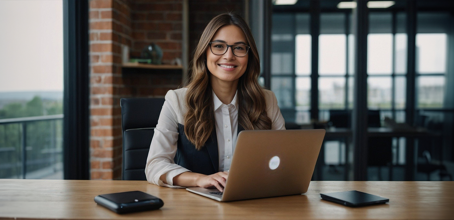 AI-genererad bild på en leende kvinna som sitter framför en bärbar dator.